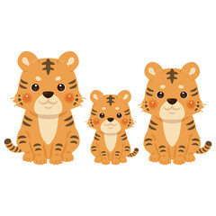 お座りしたトラの家族イラスト