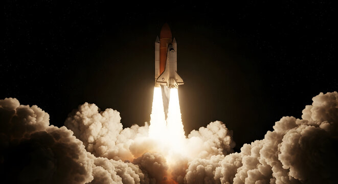 Space shuttle launching into the dark night sky, powerful rocket thrust.