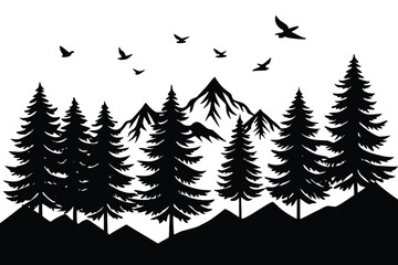 Fototapeta premium Black Silhouette of Mountains and Pine Trees with Flying Birds Against White Background