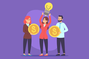 Two individuals holding large coins while third person raising light bulb, illustrating teamwork and creativity in modern office setting focused on financial success