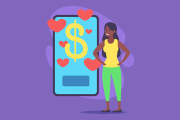 Woman standing confidently next to smartphone displaying dollar sign surrounded by hearts. Girl expressing joy, indicating positive financial outcome or achievement