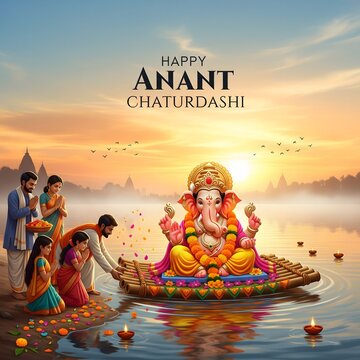 Devotees immerse lord ganesha idol in a river during anant chaturdashi festival at sunset