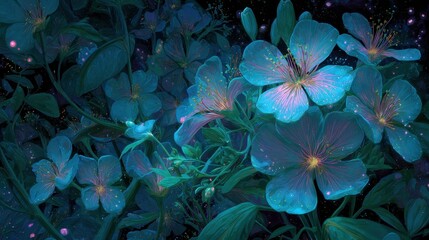 Stunning blue flowers illuminated in a mystical nighttime setting.