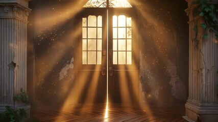 Light bursts through an open doorway Stone pillars frame the entrance way overgrown with vines Hope and new beginnings are symbolized A gateway to serenity