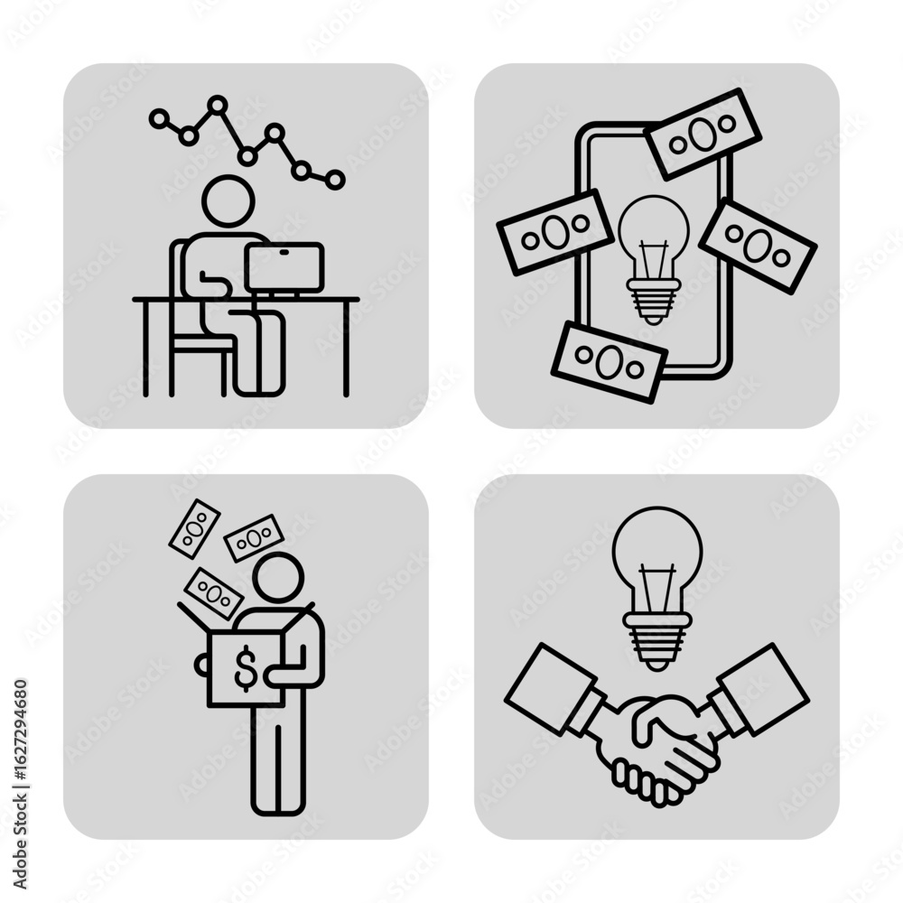 Poster collection of line icons showing various business themes. individual analyzing data, idea generation