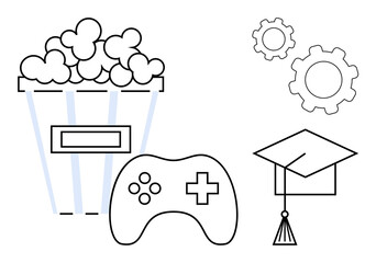 Game controller, popcorn, gears, and graduation cap showcase gaming, learning, innovation, and entertainment. Ideal for education, creativity innovation gaming leisure teamwork simple landing