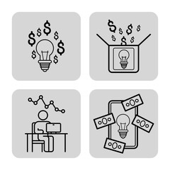 Collection of line art icons illustrating concepts of creativity, finance, and technology. Light bulb, cash flow, data analysis, and modern devices