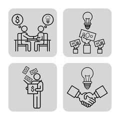 Two people engaged in discussion over ideas and finances, while light bulbs representing innovation. Exchange of money and partnerships highlighted through distinct icons