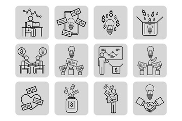 Four line icons of various money-related themes, including love for money, investment ideas, transactions, and finance concepts