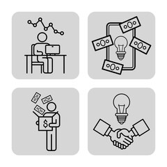 Collection of line icons showing various business themes. Individual analyzing data, idea generation through money, and teamwork in finance