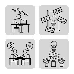 Icons depicting various business concepts, including person analyzing data, exchanging monetary ideas, and brainstorming innovative solutions