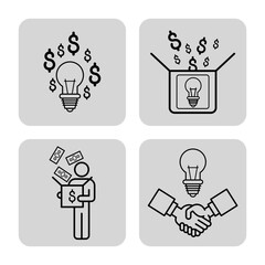 Collection of four line-drawn icons illustrating ideas around finance and innovation. Light bulb, money symbols, and handshake. Investment concept