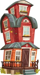 Whimsical, multi-level, red house with dark trim