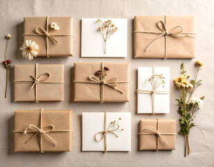 Charming flat lay arrangement of handcrafted gifts wrapped in brown kraft paper, tied with natural twine and decorated with dried flowers.