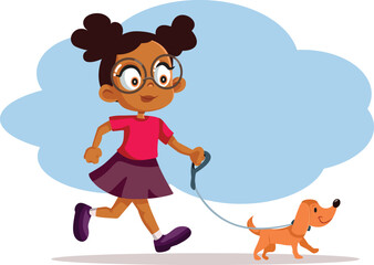 Happy Little Girl Walking her Dog Vector Cartoon Illustration. Kid learning responsibility walking family pet in the morning
