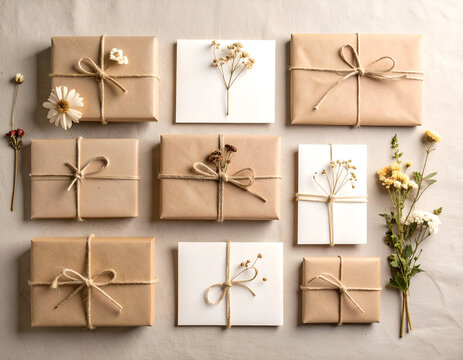 Charming flat lay arrangement of handcrafted gifts wrapped in brown kraft paper, tied with natural twine and decorated with dried flowers.