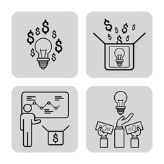 Collection of line icons showing relationship between ideas and financial success. Light bulb, charts, and money symbols. Innovation and investment concept