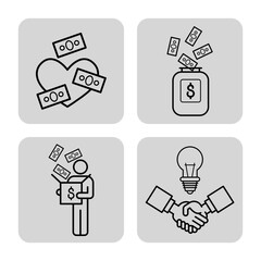 Two people engaged in discussion over ideas and finances, while light bulbs representing innovation. Exchange of money and partnerships highlighted through distinct icons
