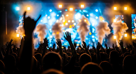 Crowd at a concert, hands raised in excitement, vibrant stage lights.