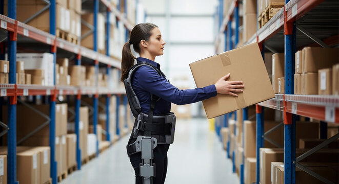 Female Worker in Exoskeleton Lifting Box in Modern Warehouse Logistics
