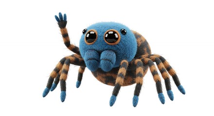 Detailed image of a plush toy spider with blue head and expressive eyes on a white background