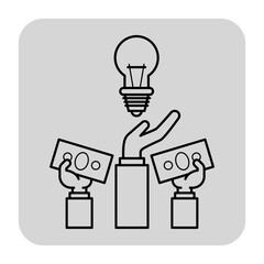 Two hands holding cash while third hand reaching upwards, symbolizing exchange of money for innovative ideas or services. Creativity and investment concept
