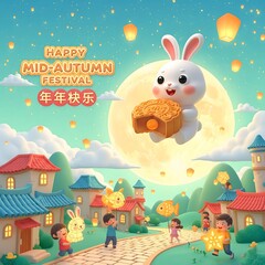 Obraz premium Happy mid autumn festival with a cute rabbit holding a lantern on a crescent moon