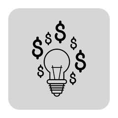 Light bulb icon surrounded by multiple dollar signs on gray background. Ideas, creativity, and financial gain concept