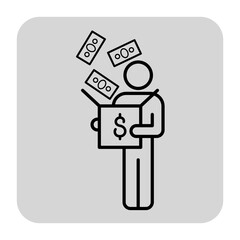 Figure standing with open box. Dollar bills falling in box. Startup and funding concept