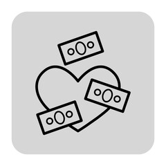 Minimalist icon of heart with dollar bills surrounding it, representing relationship between love and wealth