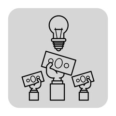 Hands raised, each holding bills, light bulb symbolizing innovation and investment. New ideas and projects concept