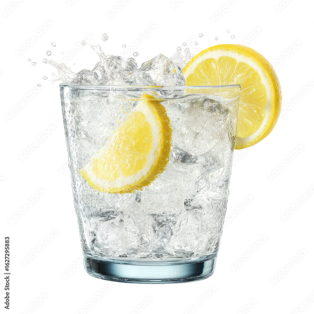 Poster refreshing lemonade with ice and lemon slices splashing in glass