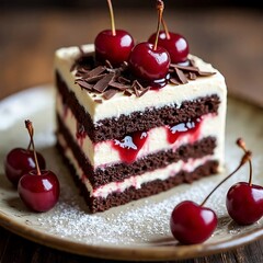 Close-up of a slice of Black Forest cake topped with chocolate pieces and whipped cream, surrounded by fresh cherries on a ceramic plate with powdered sugar