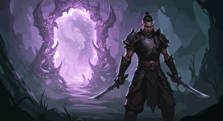 Fototapeta premium Warrior with Dual Swords Stands Before a Mystical Portal.
