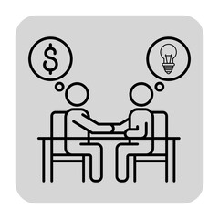 Two people sitting at table engaging in conversation. One person thinking about money while other considering innovative ideas, representing collaboration in business