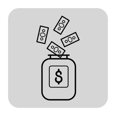 Line icon of coin jar with dollar bills being deposited. Concept of saving money and financial planning