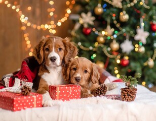 Obraz na płótnie Canvas Adorable Spaniel Puppies Celebrating a Cozy Christmas Holiday at Home Together