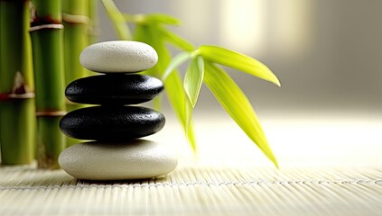 Stacked stones on bamboo mat
