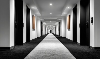 Empty hotel hallway, black and white doors, modern design