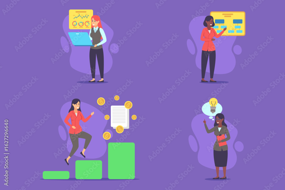 Poster four professionals focused on data analysis activities. people using charts and graphs, with one per