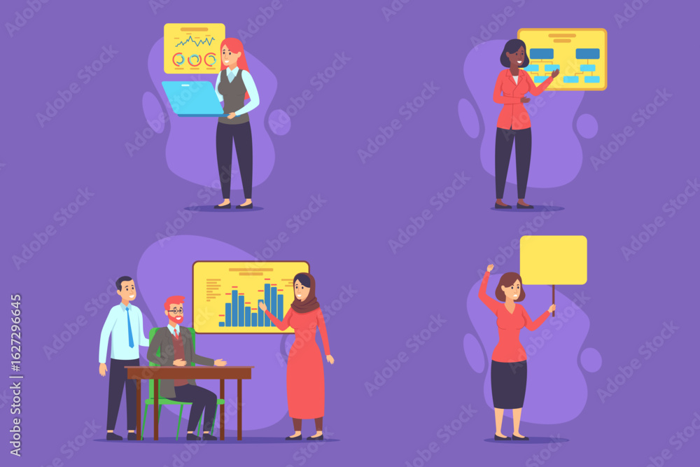 Poster professionals in colorful setting presenting data, analyzing charts, and engaging in discussions, sh
