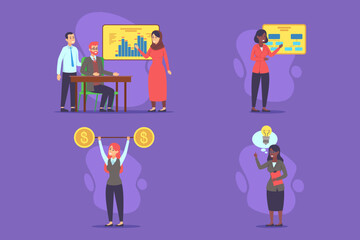 Groups of business professionals engaged in discussions and presentations, showcasing teamwork and financial growth. Individuals displaying confidence and focus during collaborative activities