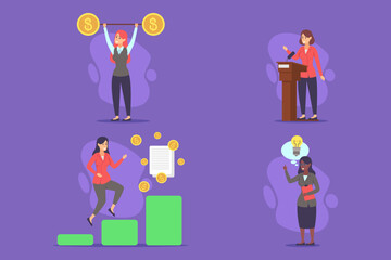 Illustration of women engaged in various activities related to business and leadership. Empowerment and achievement concept