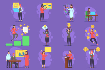Various women engaged in professional activities including presentations, team meetings, and research in vibrant environment