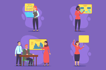 Professionals in colorful setting presenting data, analyzing charts, and engaging in discussions, showcasing teamwork and collaboration in a modern work environment