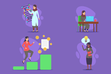 Illustrations of women engaged in various professional activities, from scientific research to business development. Each character representing unique role in diverse fields of study and work