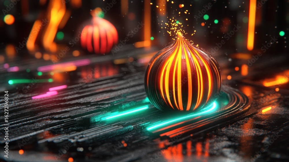 Aufkleber glowing abstract spheres with neon trails and bokeh lights on textured surface