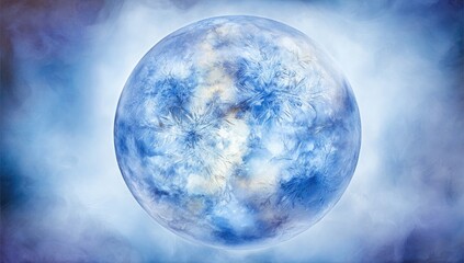A large, smooth, ice-like sphere, ethereal and frosty, set against a hazy, swirling backdrop of pale blues and whites