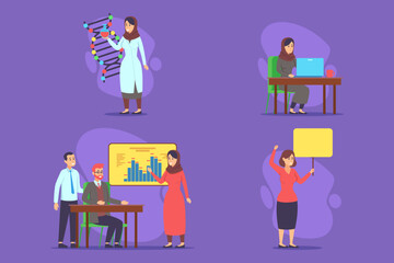 Collection of women engaged in various professional activities, including research, data analysis, and presentations. Womens contributions to science and technology concept