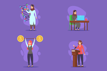 Four female figures representing various professions, including science, technology, finance, and leadership. Skills and empowerment concept